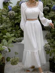 SHEIN Unity Square Neck Lace Trim Crop Top & Ruffle Hem Skirt - White - View 3