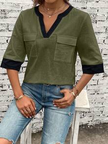 EMERY ROSE Contrast Trim Flap Pocket Blouse - Green - View 3