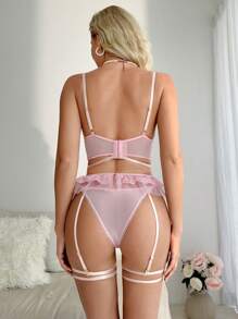 Floral Lace Underwire Garter Lingerie Set - Pink - View 2
