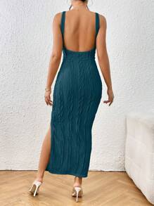 SHEIN Privé Vestido unicolor de muslo con abertura de espalda abierta - Azul - Ver 1