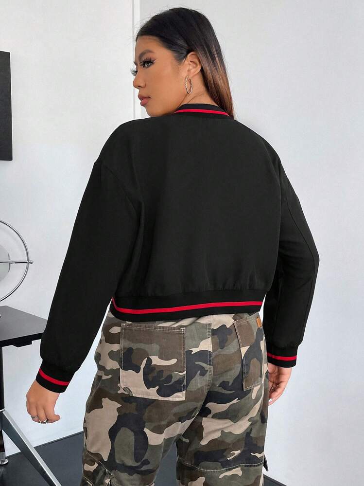 Flirla Talla grande Cazadora de universidad con parche de letra ribete de rayas - Negro - Ver 2