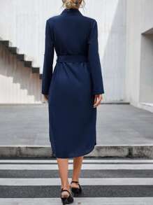 SHEIN Clasi Roll Tab Sleeve Belted Shirt Dress - Navy Blue - View 2