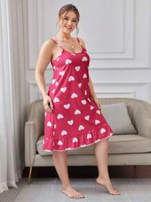 Plus Allover Heart Print Cami Night Dress With Eye Cover - Rose Red - View 5