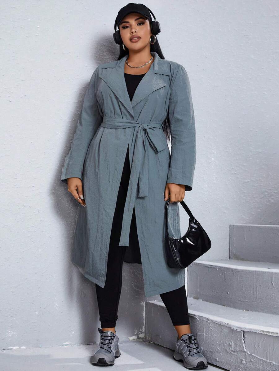 SHEIN X Galloways Plus Lapel Neck Belted Trench Coat - Dark Grey - View 1