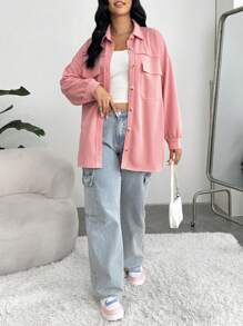 SHEIN Qutie Plus Flap Pocket Drop Shoulder Coat - Baby Pink - View 4