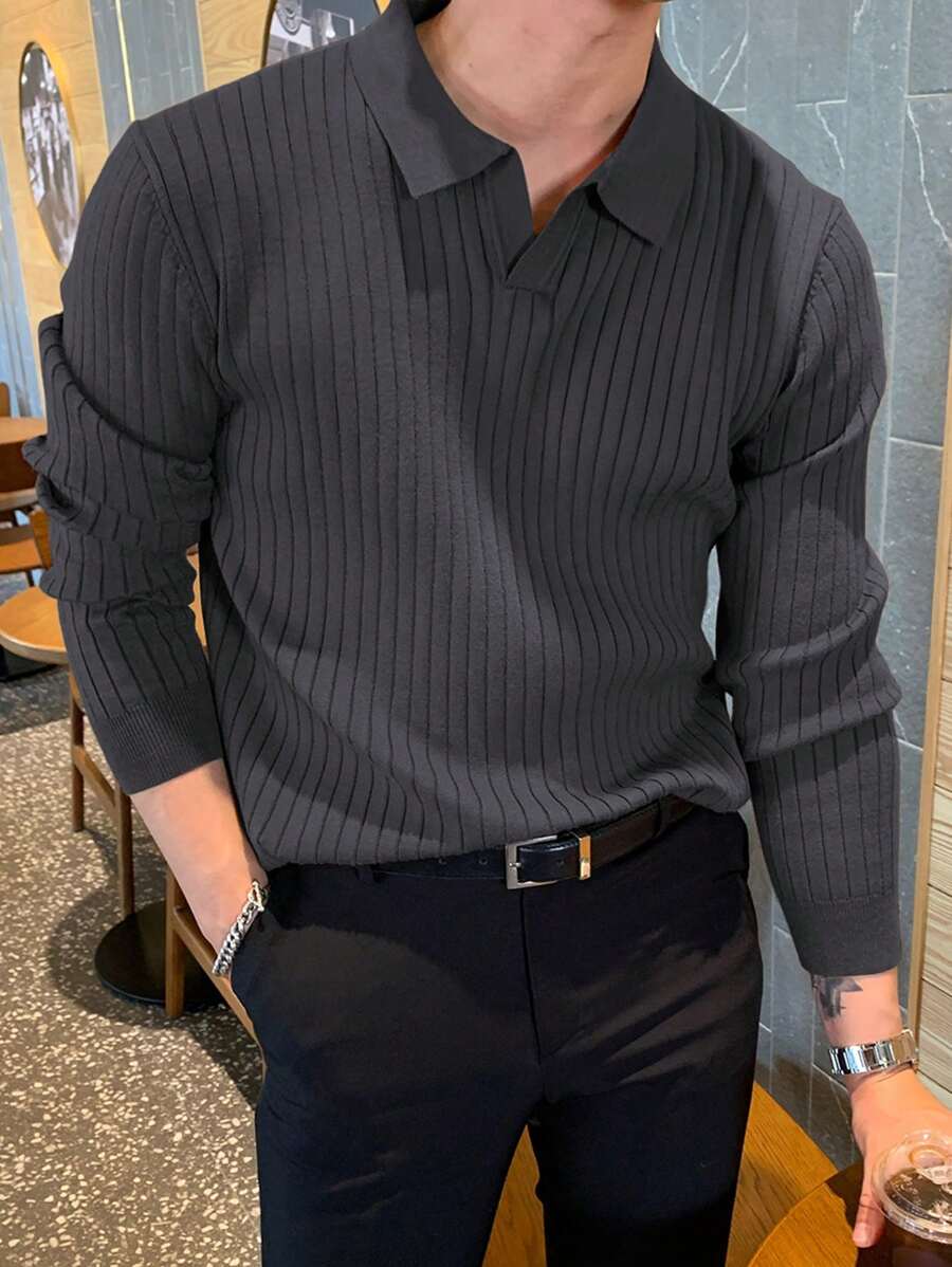 DAZY Men Solid Ribbed Knit Fall Sweater Business Attire - Dark Grey - View 1