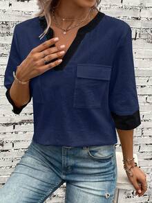 EMERY ROSE Contrast Trim Flap Pocket Blouse - Navy Blue - View 5