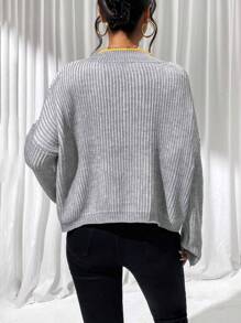 Chiquease Contrast Binding Drop Shoulder Ribbed Knit Pullover Fall Winter Sweater - Grey - View 2