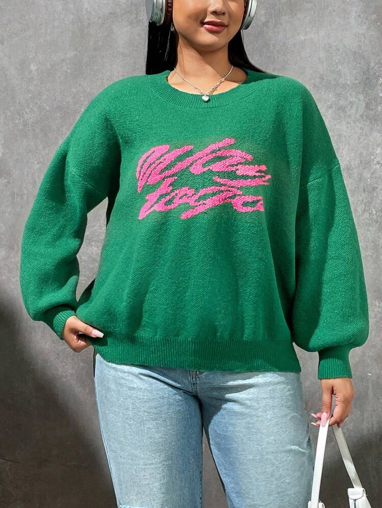 Plus Letter Pattern Drop Shoulder Sweater