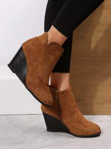 女士厚底坡跟侧拉链踝靴，黑色，时尚休闲，适合度假、旅行、日常穿着 - 棕色 - 查看 2