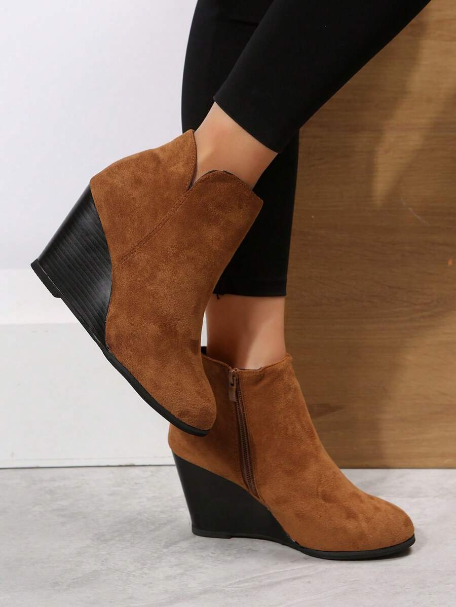 女士厚底坡跟侧拉链踝靴，黑色，时尚休闲，适合度假、旅行、日常穿着