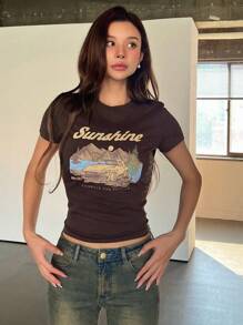 DAZY 汽車和字母圖案短款T恤 - 咖啡棕 - 查看 5