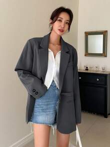 DAZY Lapel Neck Blazer - Grey - View 2