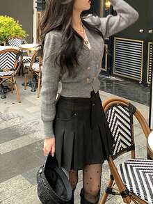 Alicedudu 纯色双排扣短款开衫，长袖上衣 - 淺灰色 - 查看 3