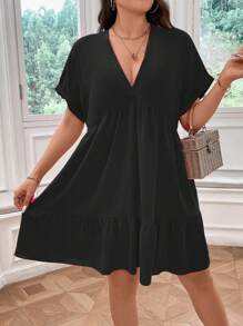 SHEIN Franclia Talla grande Vestido smock de manga murciélago bajo con fruncido - Negro - Ver 3