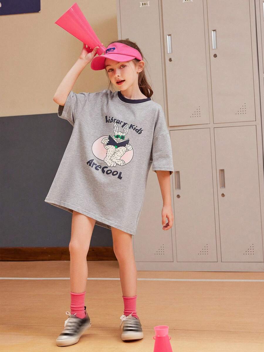 Chica preadolescente Camiseta de hombros caídos con estampado de dibujos animados y letra - Gris - Ver 1