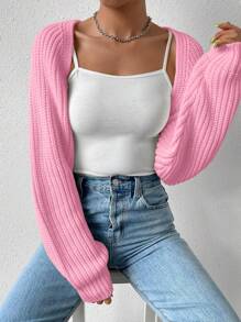 SHEIN EZwear Solid Ribbed Knit Shrug Pink Cardigan,Long Sleeve Tops In Fall/Winter - Coral Pink - View 6