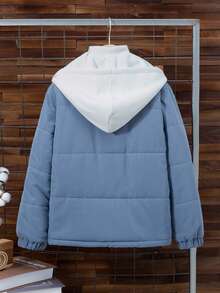 SHEIN Tween Boy 拉链贴片细节连帽棉服外套（不含毛衣） - 霧霾藍 - 查看 2