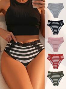 SHEIN 5 piezas Bragas con estampado de rayas ribete con encaje - Multicolor - Ver 1