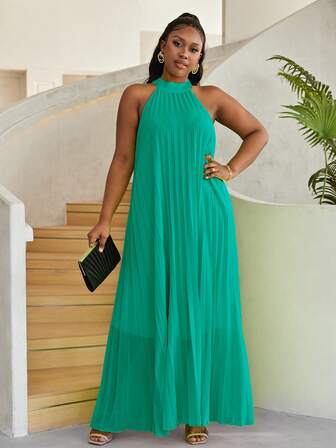 Astrid 大碼素色百褶掛脖洋裝