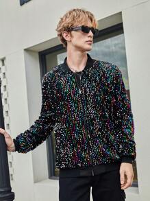 AKNOTIC Business Casual 男士时尚拉链亮片飞行员夹克，派对时尚黑色长袖棒球亮片夹克，适合朋友、丈夫、男朋友的礼物，适合秋冬 - 黑色 - 查看 3