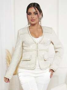 SHEIN SXY 拼接邊翻蓋細節粗花呢花呢外套 - 米色 - 查看 5