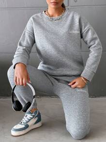 EURMUSE Letter Graphic Drop Shoulder Sweatshirt & Sweatpants - Grey - View 1