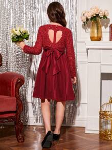 SHEIN Tween Girl Bow Back Sequin Panel Velvet Party Dress for Christmas - Red - View 3