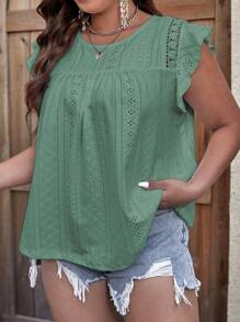 SHEIN LUNE Áo thun Plus size Xù Tranh thêu màu trơn Giải trí - màu xanh lá - Xem 5