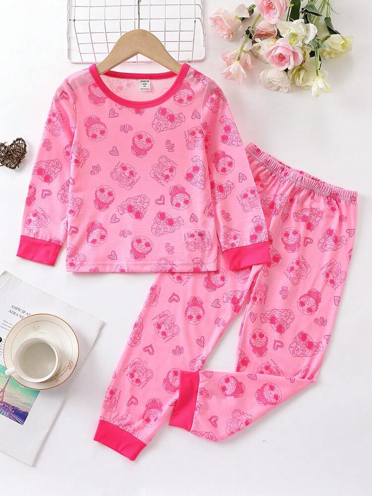 Young Girl Heart & Cartoon Figure Graphic PJ Set