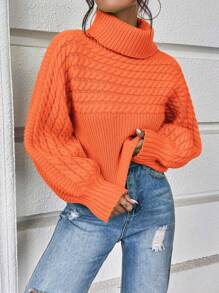 Chiquease Turtleneck Cable Knit Lantern Sleeve Sweater Knit Pullover Fall Winter Outfit - Orange - View 4