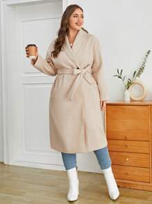 SHEIN Privé Plus Shawl Collar Belted Overcoat - Beige - View 5