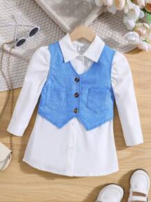 SHEIN Young Girl Puff Sleeve Shirt & Button Front Vest - Multicolor - View 3