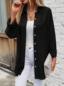 SHEIN LUNE Chất rắn Nút phía trước Áo sơ mi - màu đen - Xem 3
