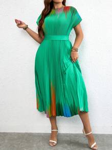 SHEIN Clasi Váy chữ A xếp ly viền màu Plus cho mùa hè - màu xanh lá - Xem 4