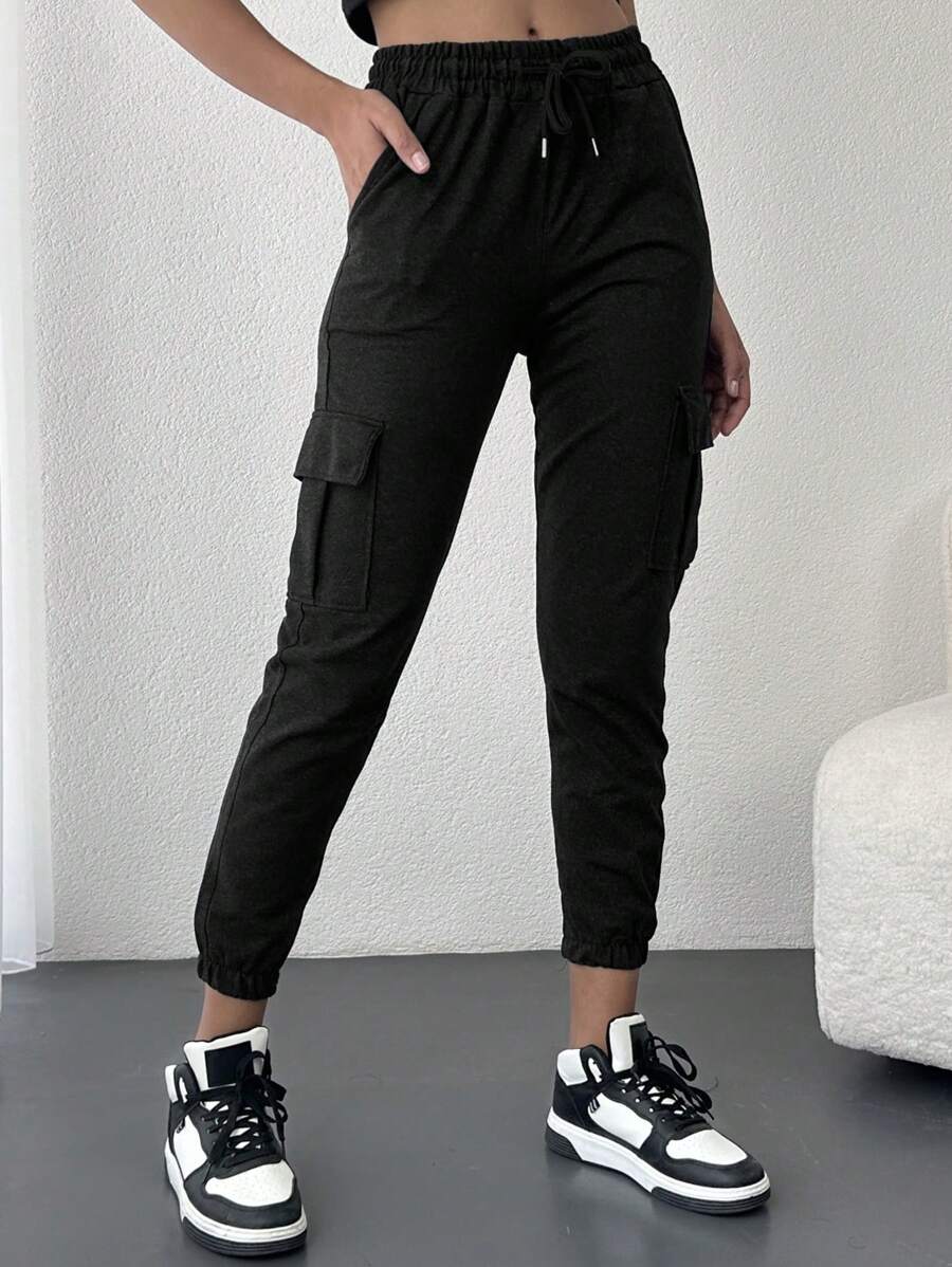 EURMUSE Flap Pocket Side Drawstring Waist Cargo Pants - Black - View 1