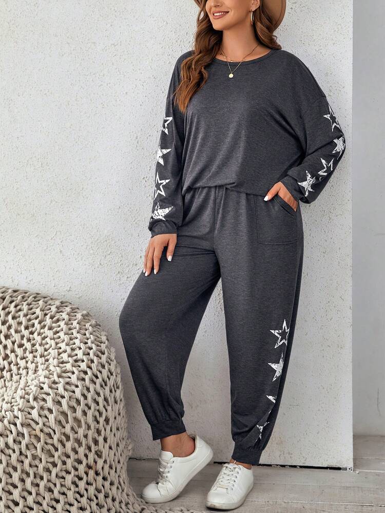 SHEIN LUNE 大碼星星印花落肩袖衛衣和衛褲 - 深灰色 - 查看 4