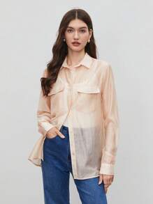 BizChic Camisa con bolsillo con solapa con botón delantero - Albaricoque - Ver 3