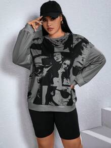 SHEIN EZwear 大碼人像圖案落肩袖運動衫 - 灰色 - 查看 2