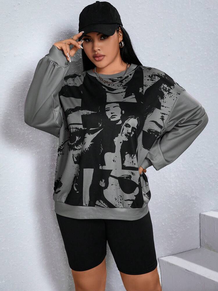 Plus Figure Graphic Drop Shoulder Sweatshirt
