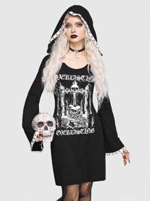 ROMWE Goth 字母&骷髏頭圖案喇叭袖連帽洋裝 - 黑色 - 查看 5