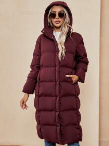 SHEIN LUNE Slant Pocket Hooded Padded Coat - Burgundy - View 4