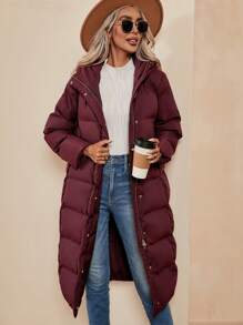 SHEIN LUNE Slant Pocket Hooded Padded Coat - Burgundy - View 7