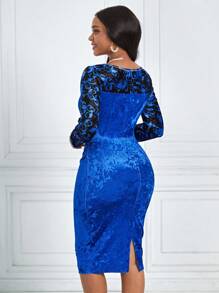 SHEIN Lady Floral Print Ruched Side Velvet Bodycon Dress - Blue - View 2