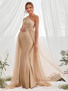 Faeriesty Dressalisa Elegant One-Shoulder Maternity Evening Dress, Mermaid Hem, Delicate Mesh Patchwork, Suitable For Photography, Baby's Full Moon Celebration, Christening, Maternity Photoshoot, And Family Gatherings Spring - Champagne - View 4