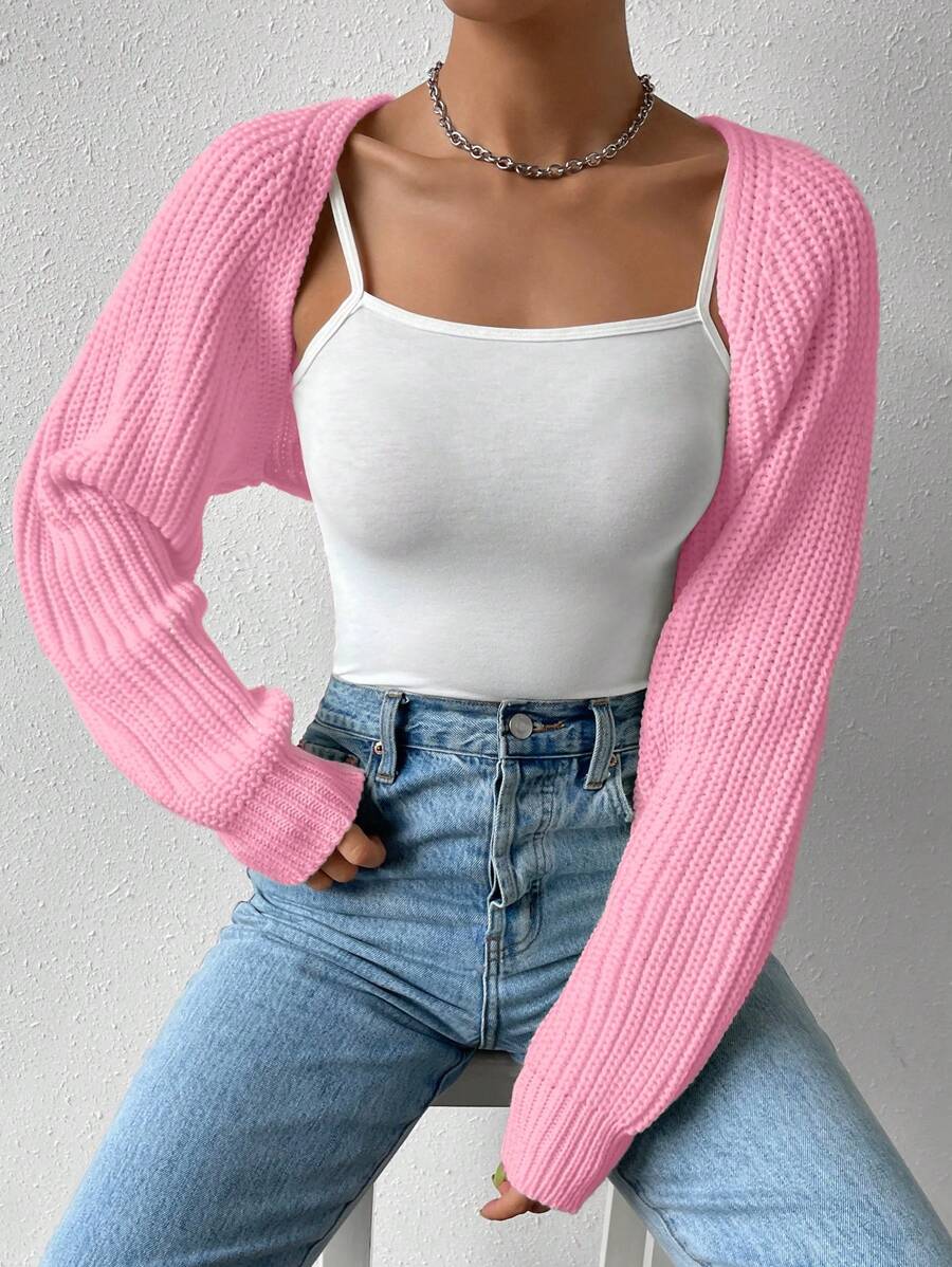 SHEIN EZwear Solid Ribbed Knit Shrug Pink Cardigan,Long Sleeve Tops In Fall/Winter - Coral Pink - View 1