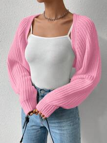 SHEIN EZwear Solid Ribbed Knit Shrug Pink Cardigan,Long Sleeve Tops In Fall/Winter - Coral Pink - View 3