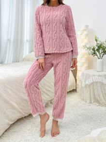 Lace Trim Flannel PJ Set - Pink - View 3
