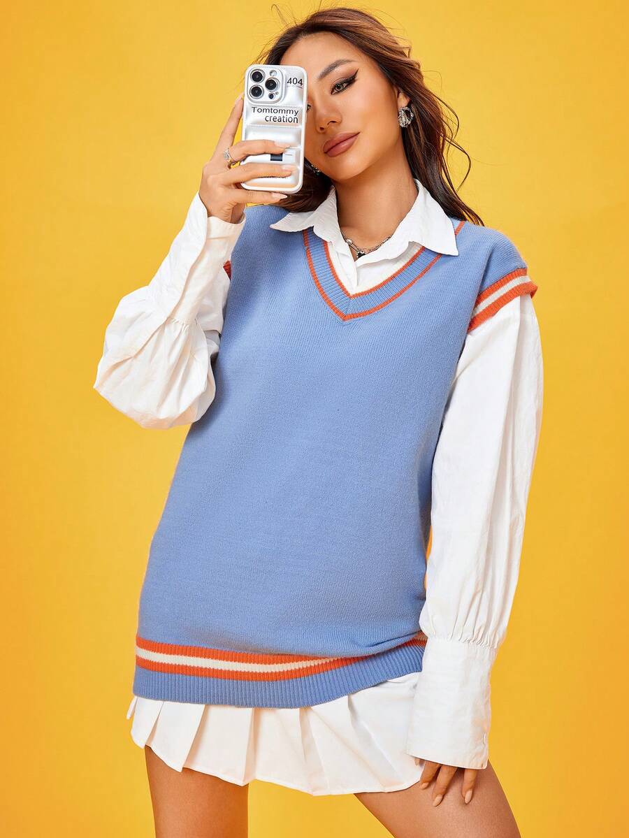 SHEIN Qutie Striped Trim Sweater Vest Without Blouse - Blue - View 1