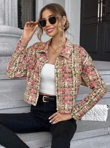 SHEIN Privé In kẻ sọc Thả vai Nút phía trước Tweed Áo khoác - Nhiều màu - Xem 1